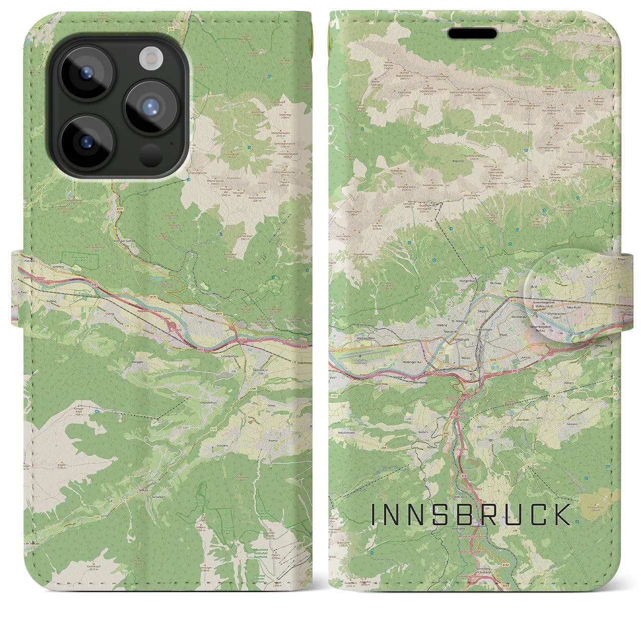 【インスブルック(オーストリア)】地図柄iPhoneケース(手帳タイプ)ナチュラル・iPhone 15 Pro Max 用