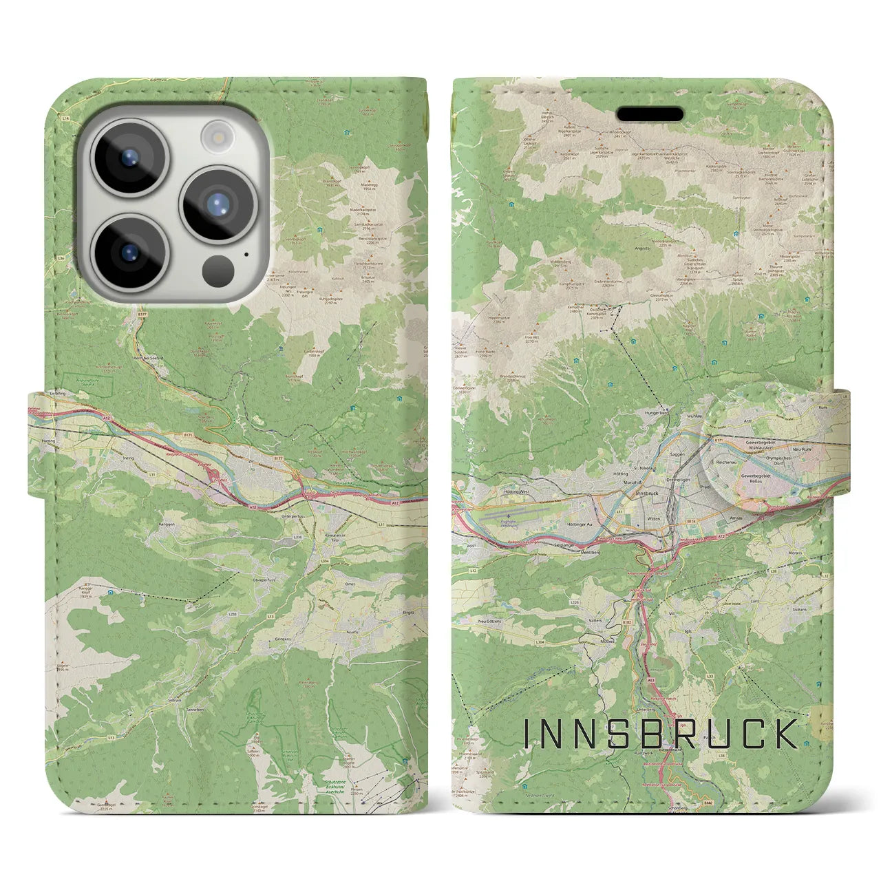 【インスブルック(オーストリア)】地図柄iPhoneケース(手帳タイプ)ナチュラル・iPhone 15 Pro 用