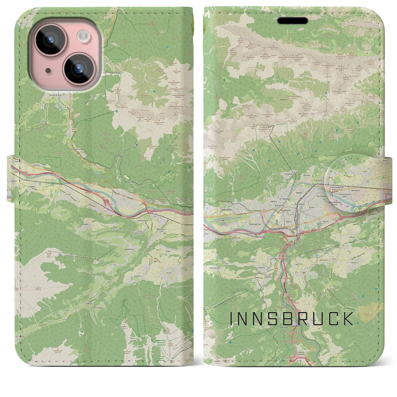 【インスブルック(オーストリア)】地図柄iPhoneケース(手帳タイプ)ナチュラル・iPhone 15 Plus 用