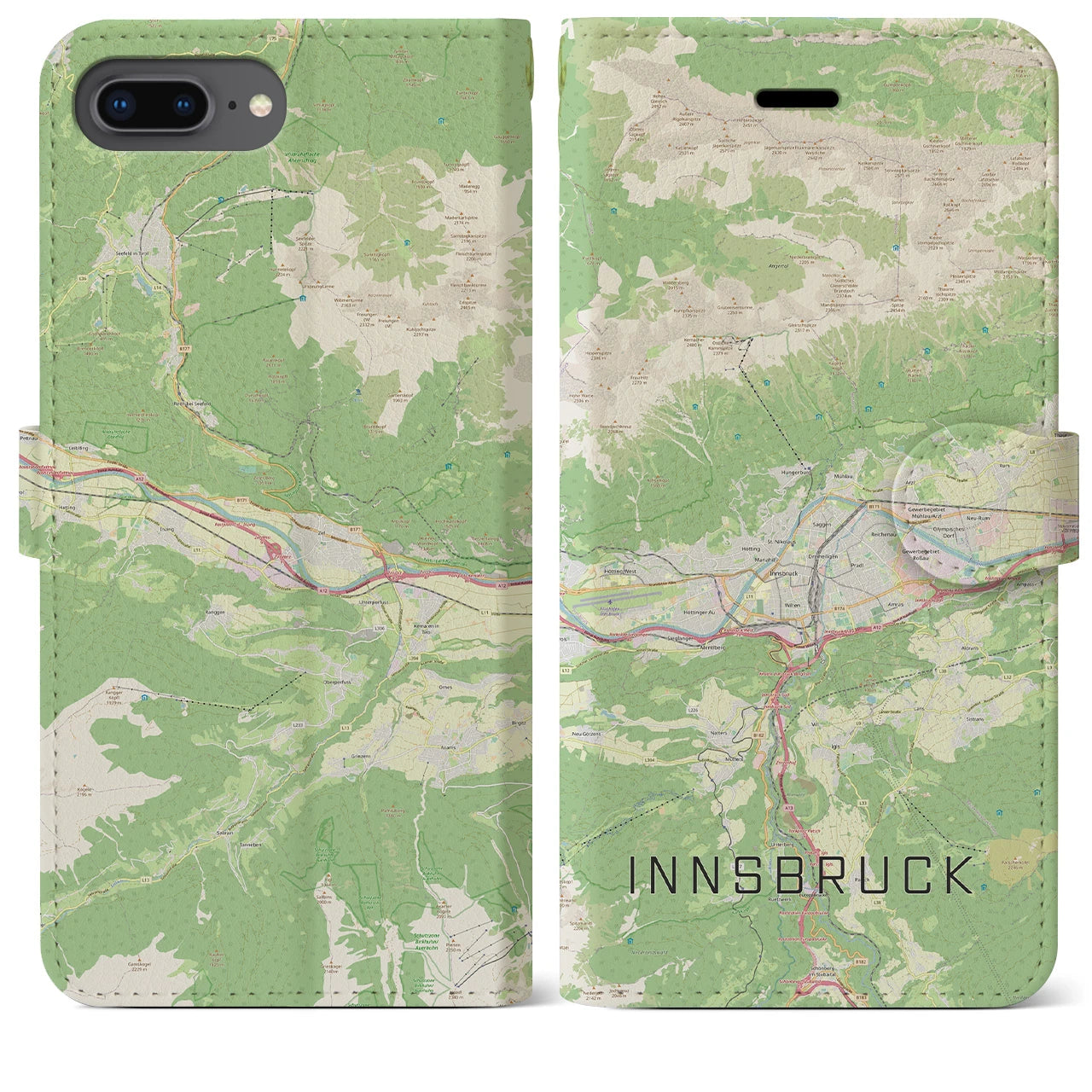 【インスブルック(オーストリア)】地図柄iPhoneケース(手帳タイプ)ナチュラル・iPhone 8Plus /7Plus / 6sPlus / 6Plus 用