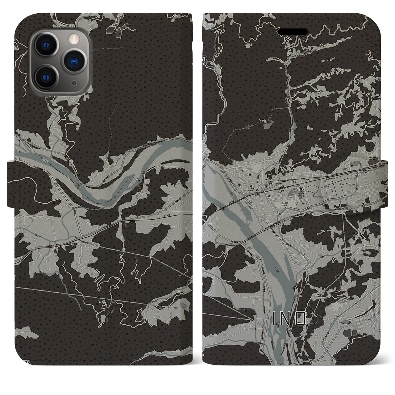 【伊野(高知県)】地図柄iPhoneケース(手帳タイプ)モノトーン・iPhone 11 Pro Max 用