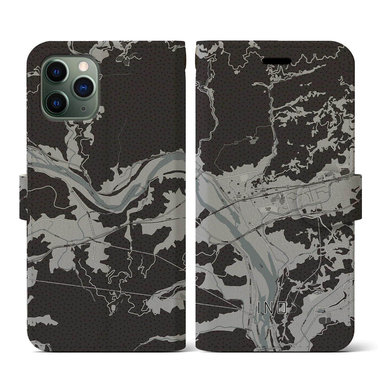 【伊野(高知県)】地図柄iPhoneケース(手帳タイプ)モノトーン・iPhone 11 Pro 用