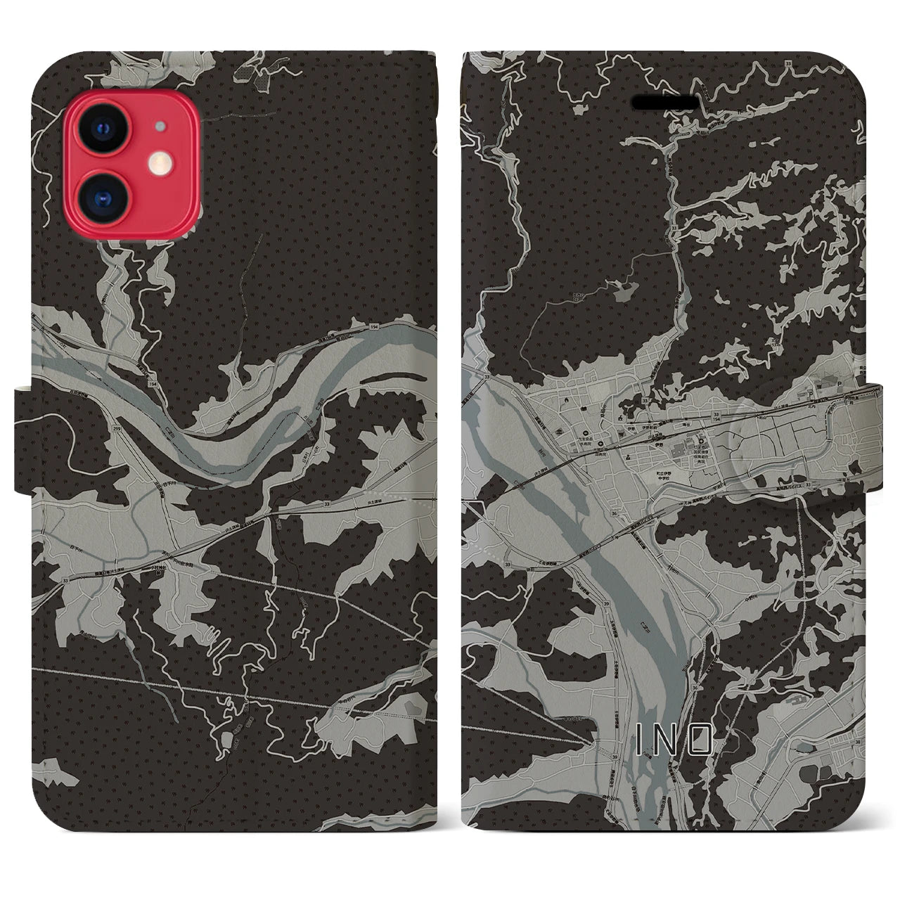 【伊野(高知県)】地図柄iPhoneケース(手帳タイプ)モノトーン・iPhone 11 用