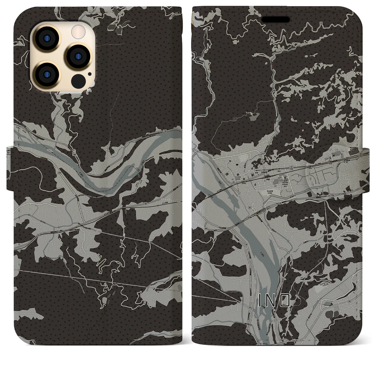 【伊野(高知県)】地図柄iPhoneケース(手帳タイプ)モノトーン・iPhone 12 Pro Max 用