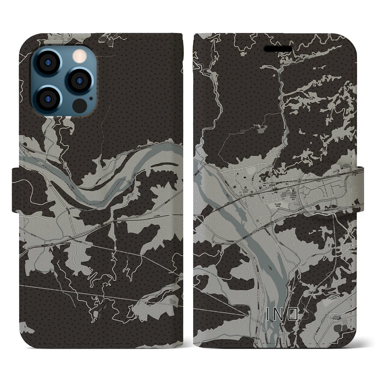 【伊野(高知県)】地図柄iPhoneケース(手帳タイプ)モノトーン・iPhone 12 / 12 Pro 用