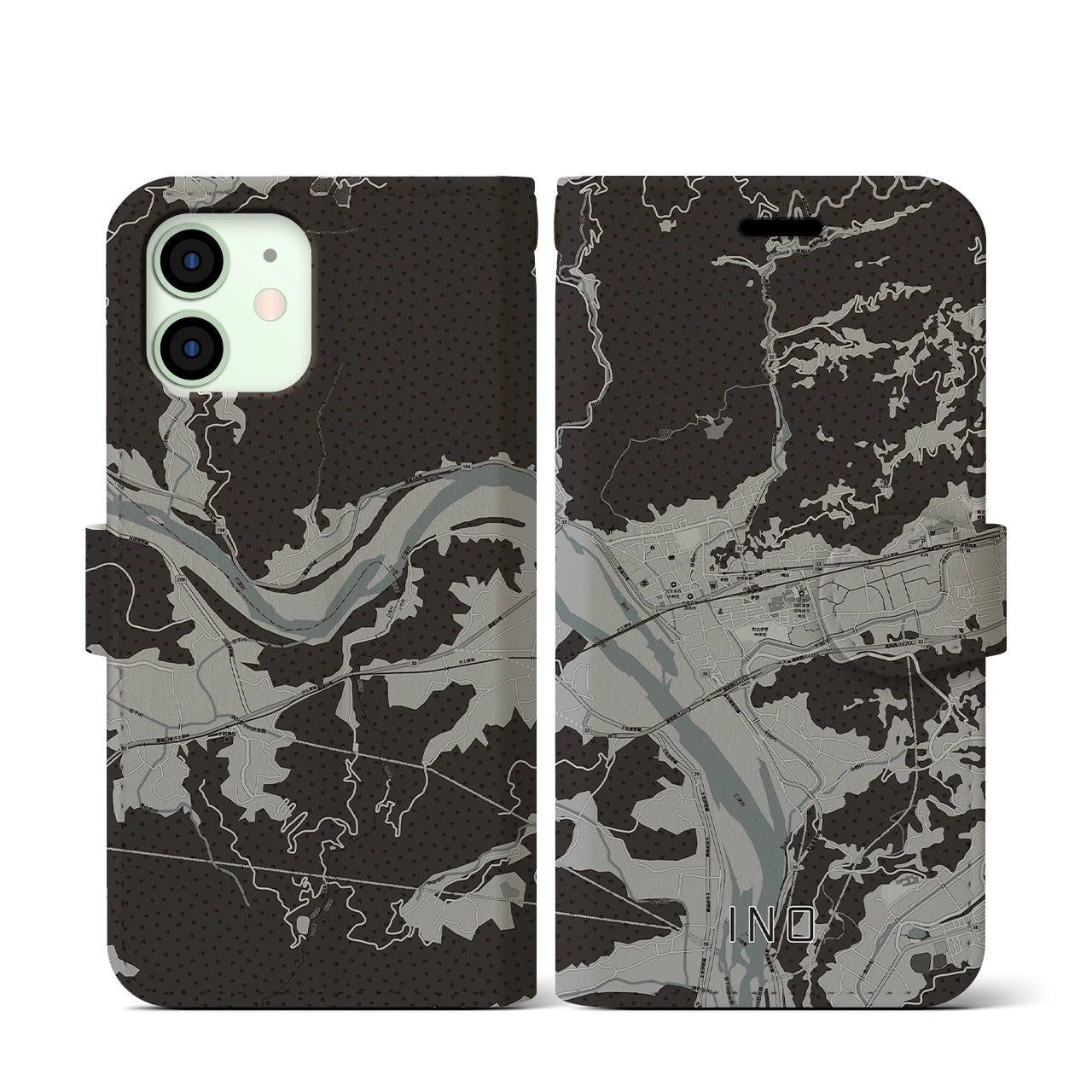 【伊野(高知県)】地図柄iPhoneケース(手帳タイプ)モノトーン・iPhone 12 mini 用