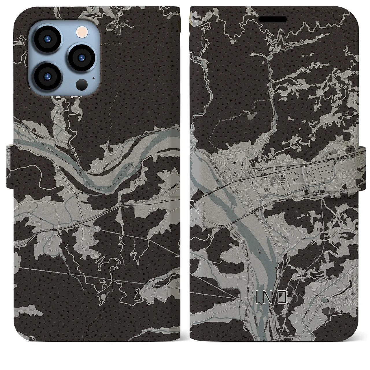 【伊野(高知県)】地図柄iPhoneケース(手帳タイプ)モノトーン・iPhone 13 Pro Max 用