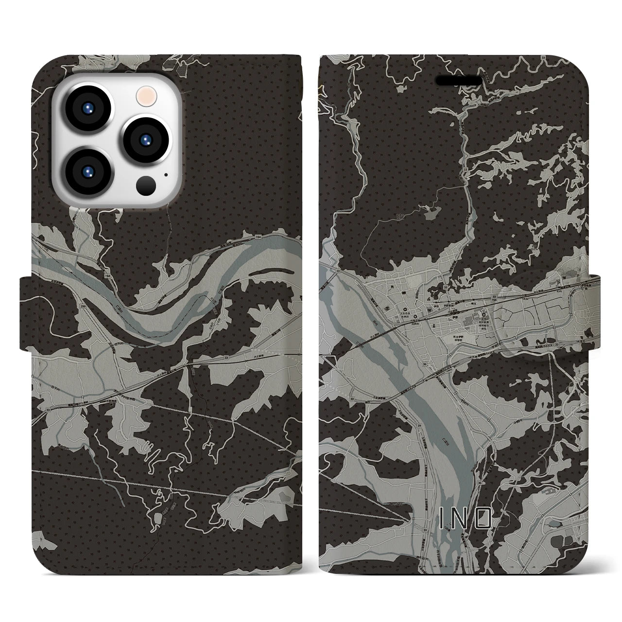 【伊野(高知県)】地図柄iPhoneケース(手帳タイプ)モノトーン・iPhone 13 Pro 用