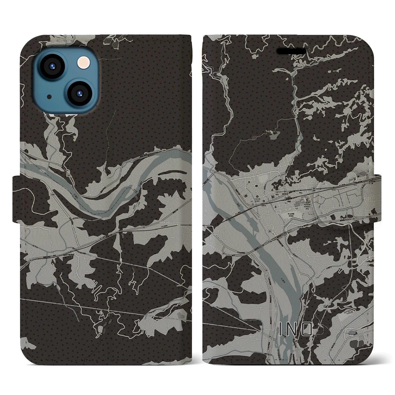 【伊野(高知県)】地図柄iPhoneケース(手帳タイプ)モノトーン・iPhone 13 用