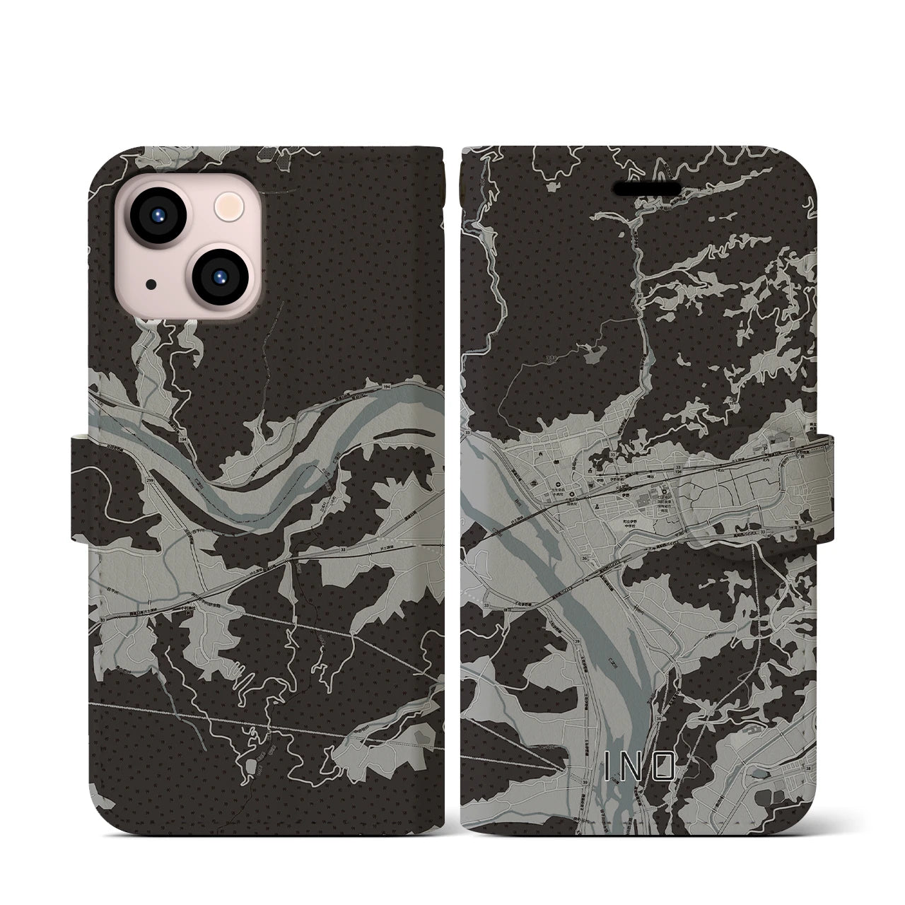 【伊野(高知県)】地図柄iPhoneケース(手帳タイプ)モノトーン・iPhone 13 mini 用