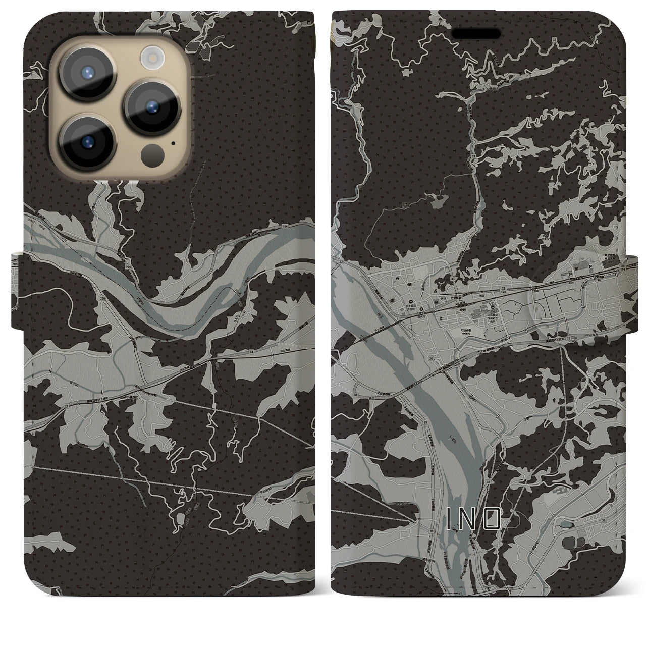 【伊野(高知県)】地図柄iPhoneケース(手帳タイプ)モノトーン・iPhone 14 Pro Max 用
