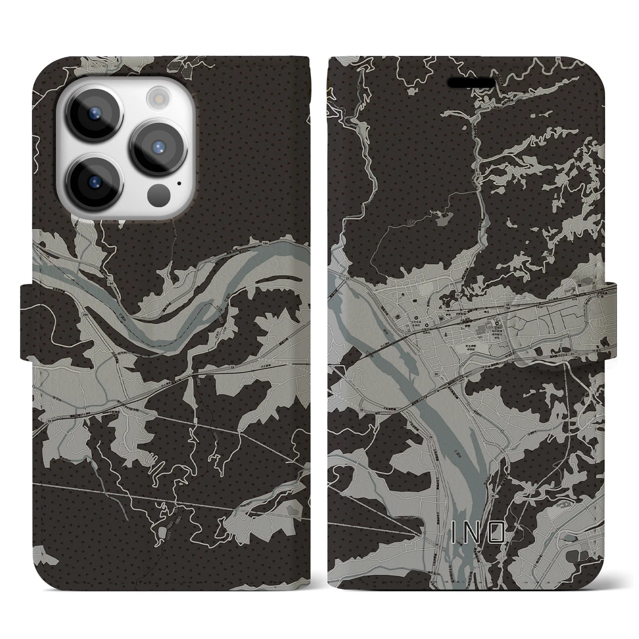 【伊野(高知県)】地図柄iPhoneケース(手帳タイプ)モノトーン・iPhone 14 Pro 用