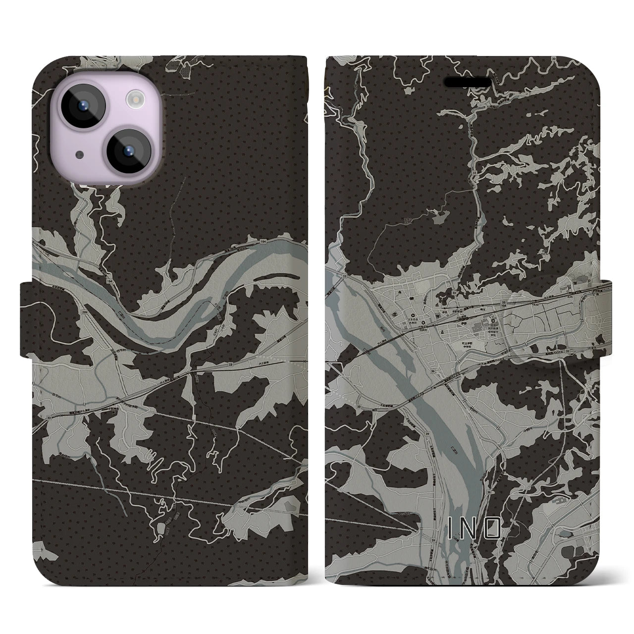 【伊野(高知県)】地図柄iPhoneケース(手帳タイプ)モノトーン・iPhone 14 用