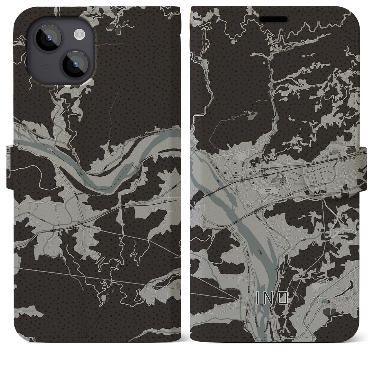 【伊野(高知県)】地図柄iPhoneケース(手帳タイプ)モノトーン・iPhone 14 Plus 用