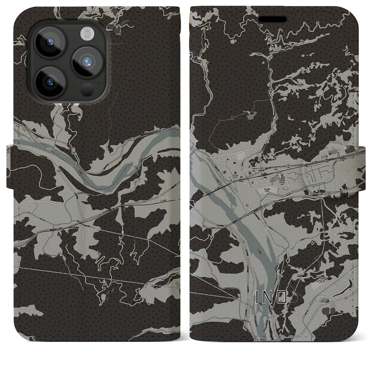 【伊野(高知県)】地図柄iPhoneケース(手帳タイプ)モノトーン・iPhone 15 Pro Max 用