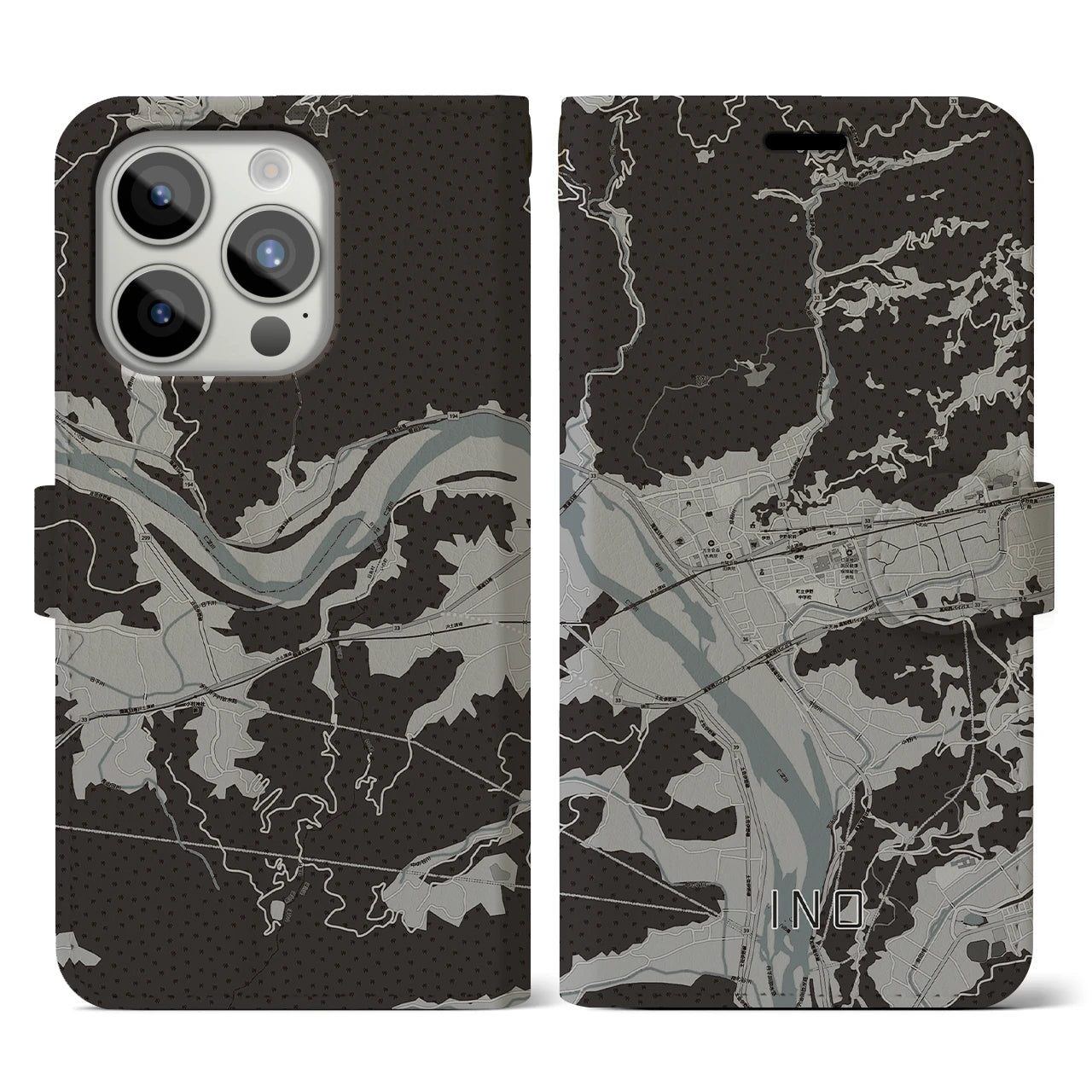【伊野(高知県)】地図柄iPhoneケース(手帳タイプ)モノトーン・iPhone 15 Pro 用