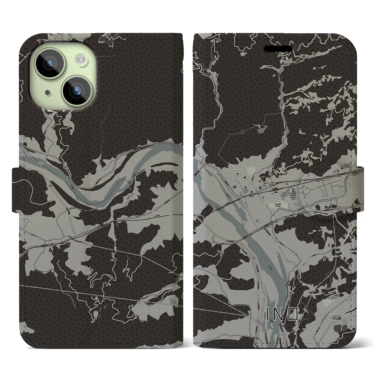 【伊野(高知県)】地図柄iPhoneケース(手帳タイプ)モノトーン・iPhone 15 用