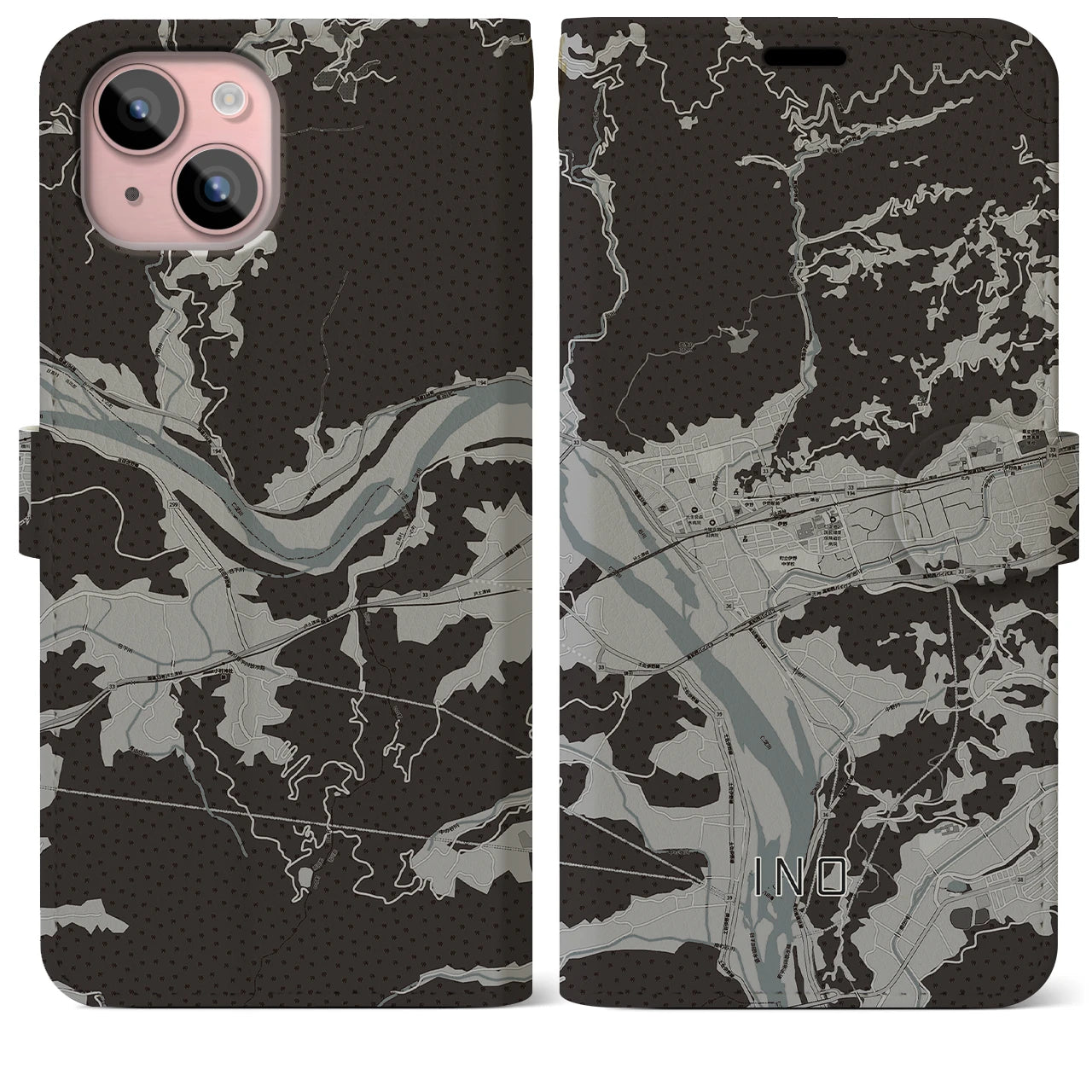 【伊野(高知県)】地図柄iPhoneケース(手帳タイプ)モノトーン・iPhone 15 Plus 用