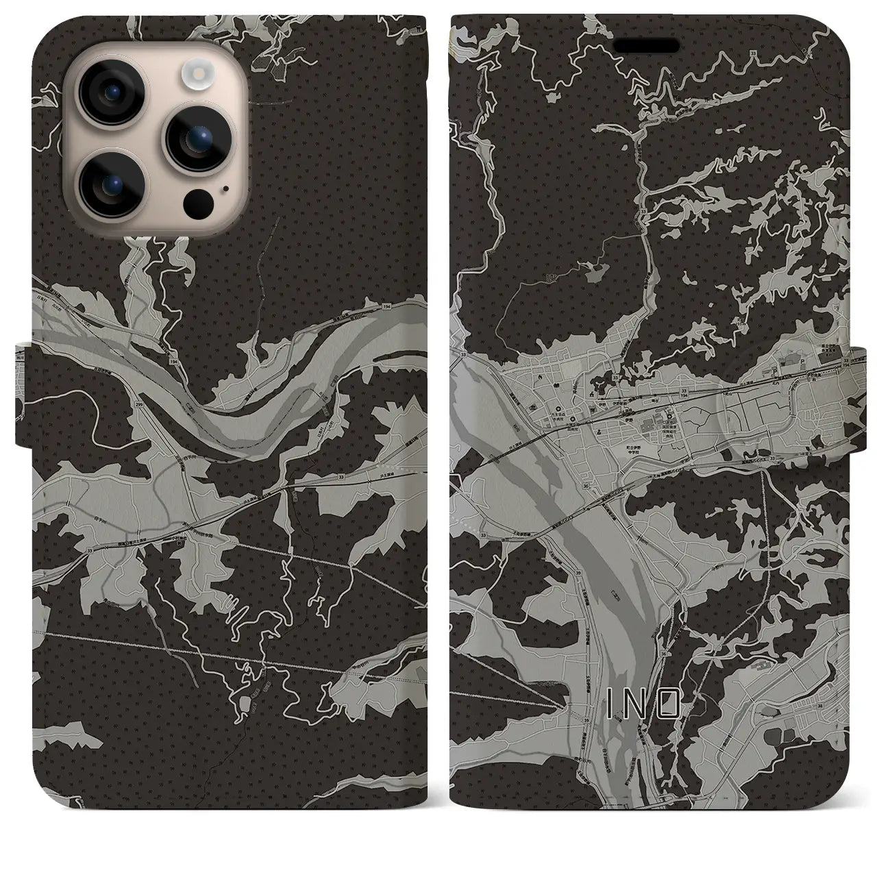 【伊野(高知県)】地図柄iPhoneケース(手帳タイプ)モノトーン・iPhone 16 Plus 用