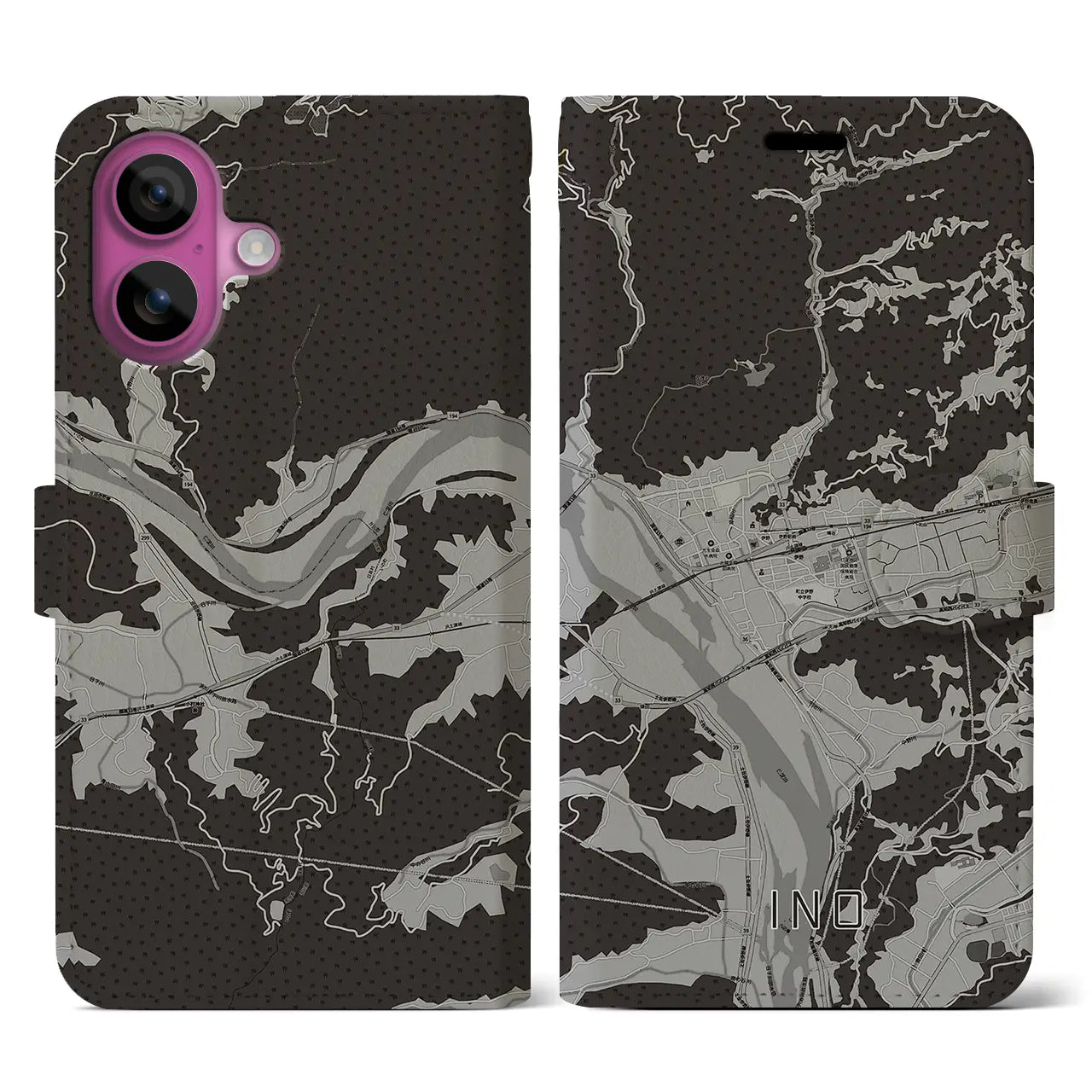 【伊野(高知県)】地図柄iPhoneケース(手帳タイプ)モノトーン・iPhone 16 Pro 用