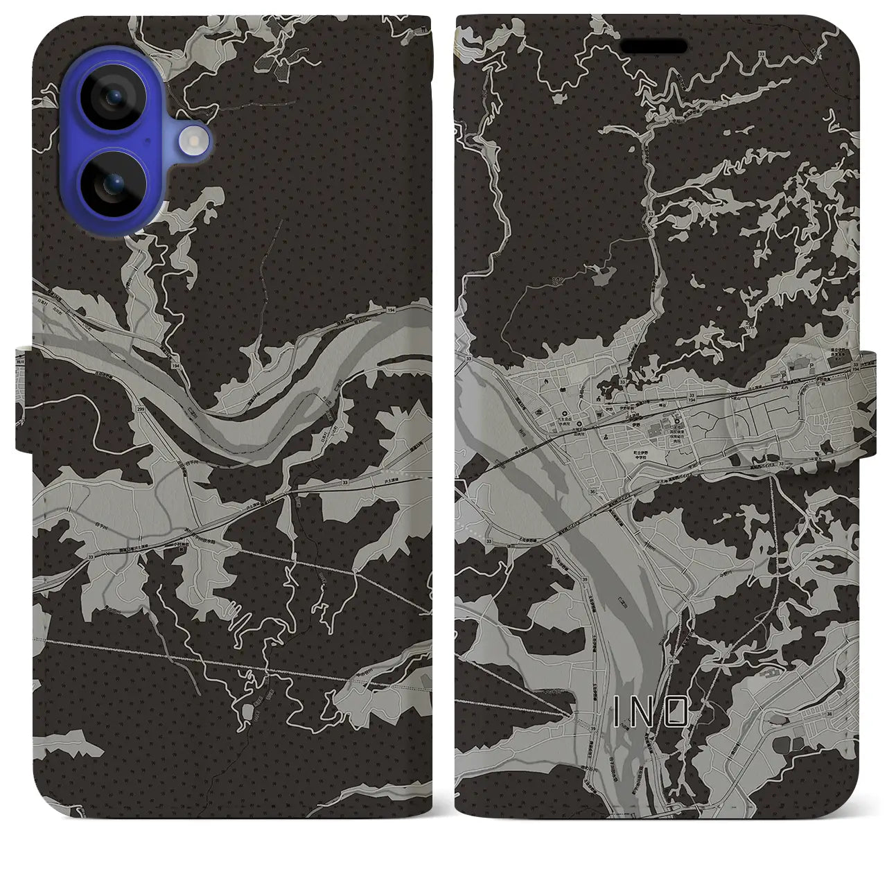 【伊野(高知県)】地図柄iPhoneケース(手帳タイプ)モノトーン・iPhone 16 Pro Max 用