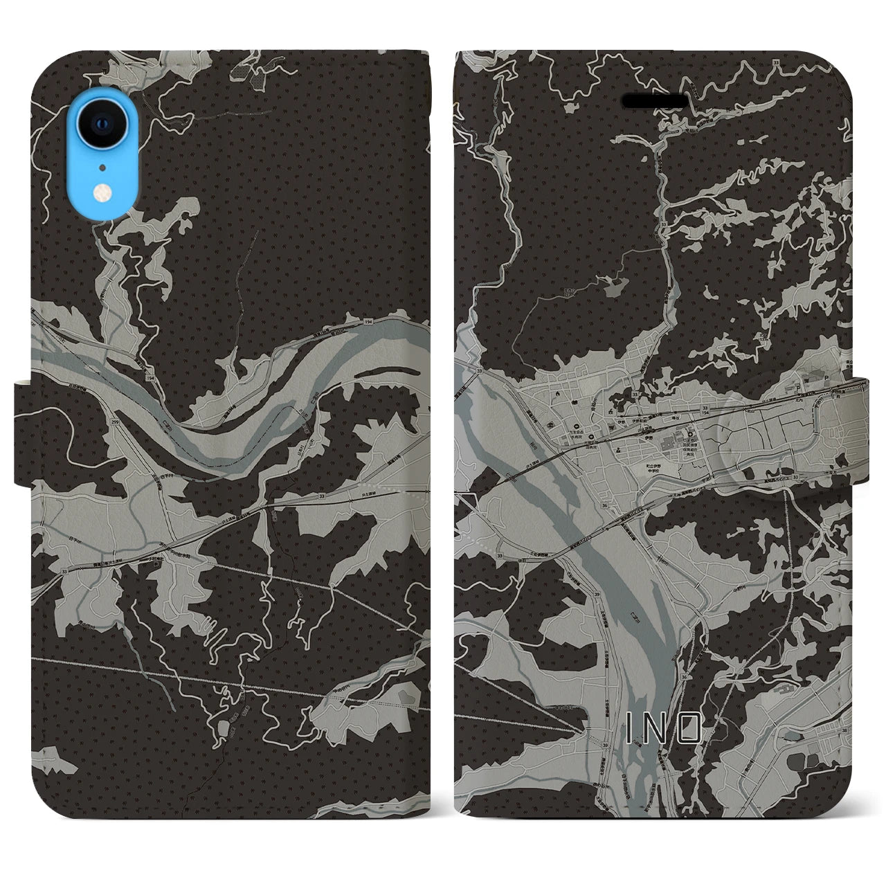 【伊野(高知県)】地図柄iPhoneケース(手帳タイプ)モノトーン・iPhone XR 用