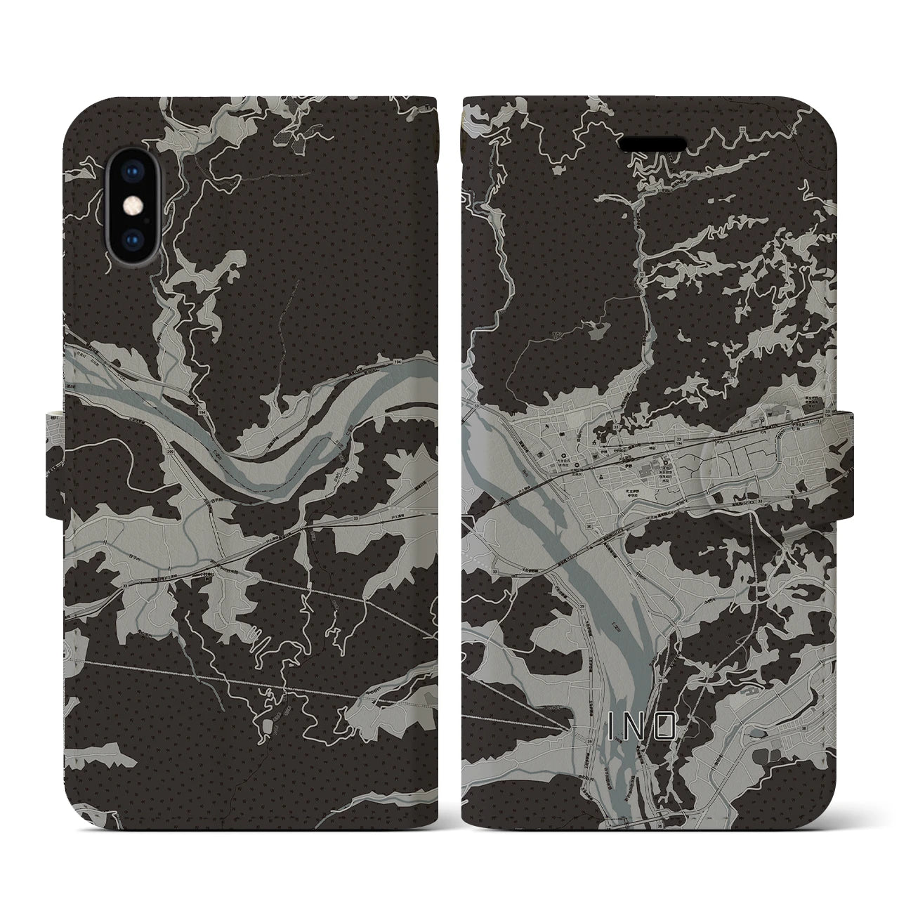 【伊野(高知県)】地図柄iPhoneケース(手帳タイプ)モノトーン・iPhone XS / X 用