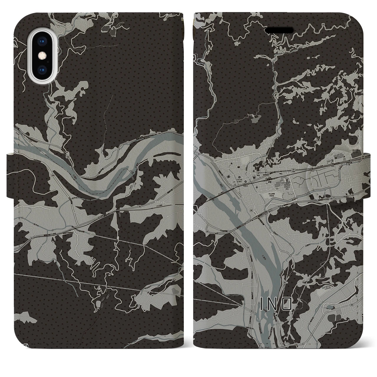 【伊野(高知県)】地図柄iPhoneケース(手帳タイプ)モノトーン・iPhone XS Max 用