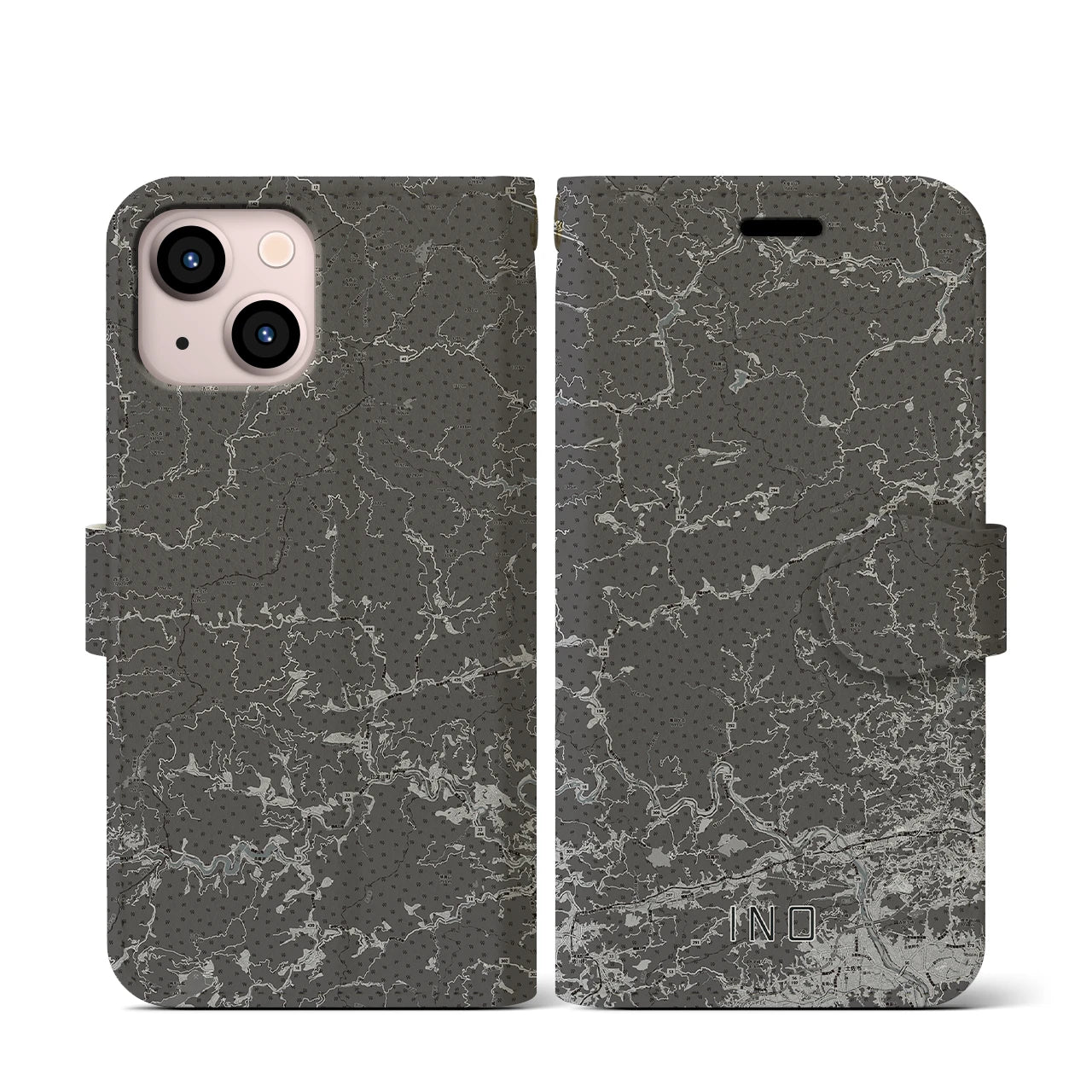【いの(高知県)】地図柄iPhoneケース(手帳タイプ)モノトーン・iPhone 13 mini 用