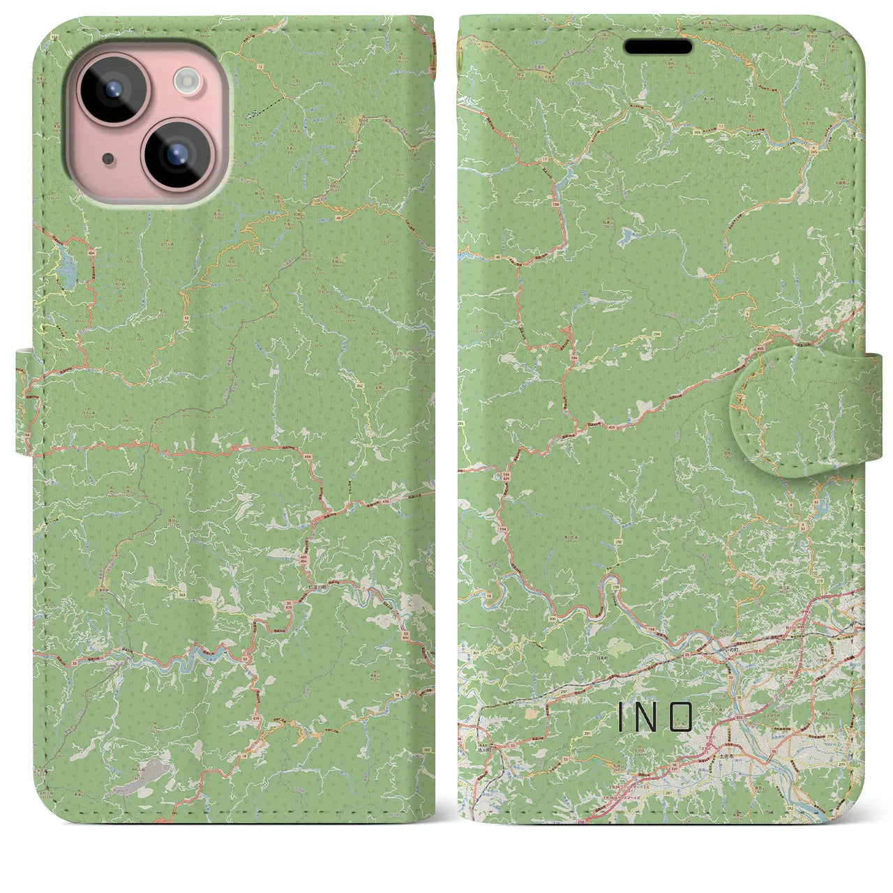 【いの(高知県)】地図柄iPhoneケース(手帳タイプ)ナチュラル・iPhone 15 Plus 用