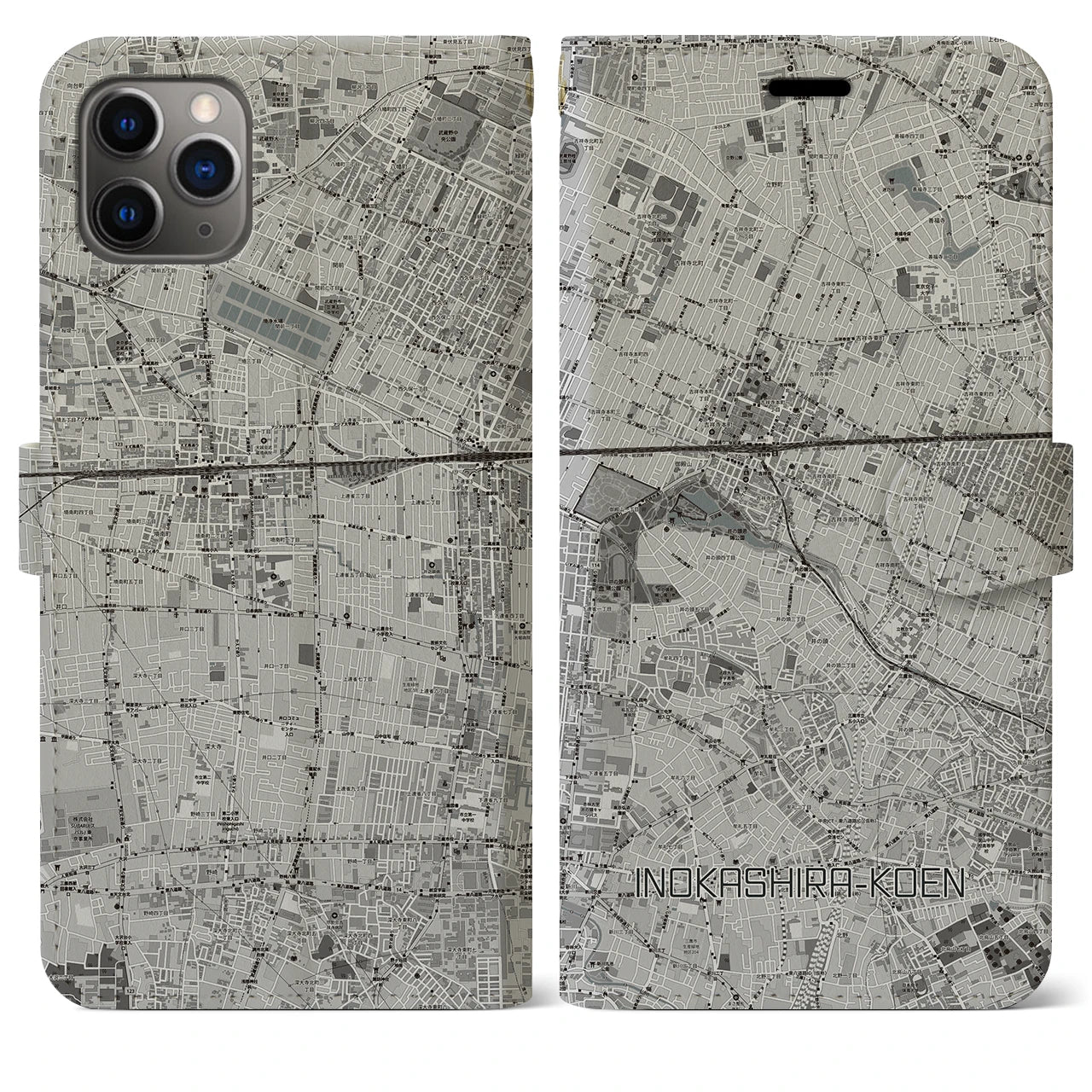 【井の頭公園(東京都)】地図柄iPhoneケース(手帳タイプ)モノトーン・iPhone 11 Pro Max 用