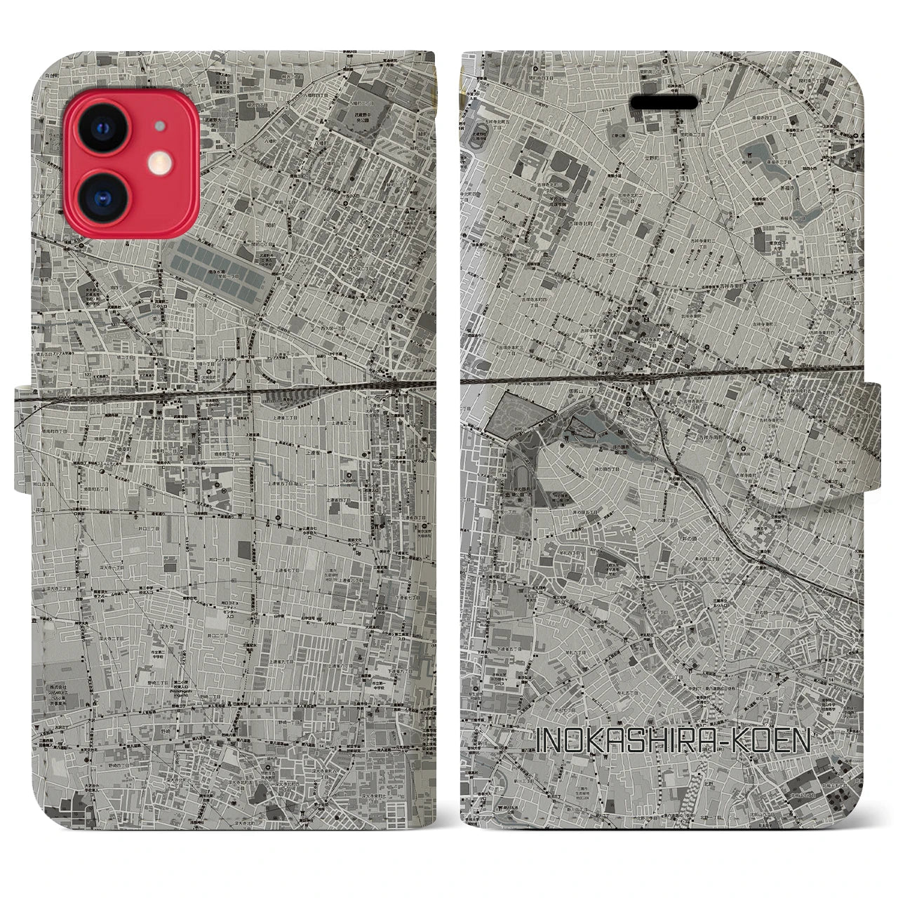 【井の頭公園(東京都)】地図柄iPhoneケース(手帳タイプ)モノトーン・iPhone 11 用