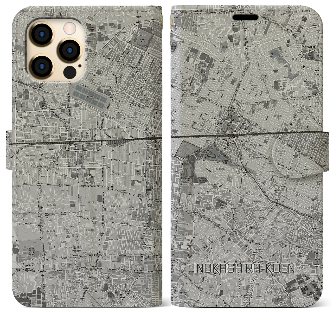 【井の頭公園(東京都)】地図柄iPhoneケース(手帳タイプ)モノトーン・iPhone 12 Pro Max 用