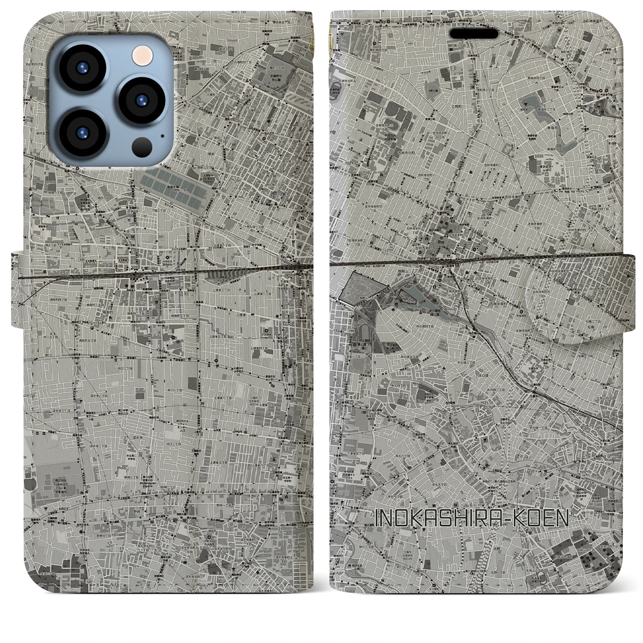 【井の頭公園(東京都)】地図柄iPhoneケース(手帳タイプ)モノトーン・iPhone 13 Pro Max 用