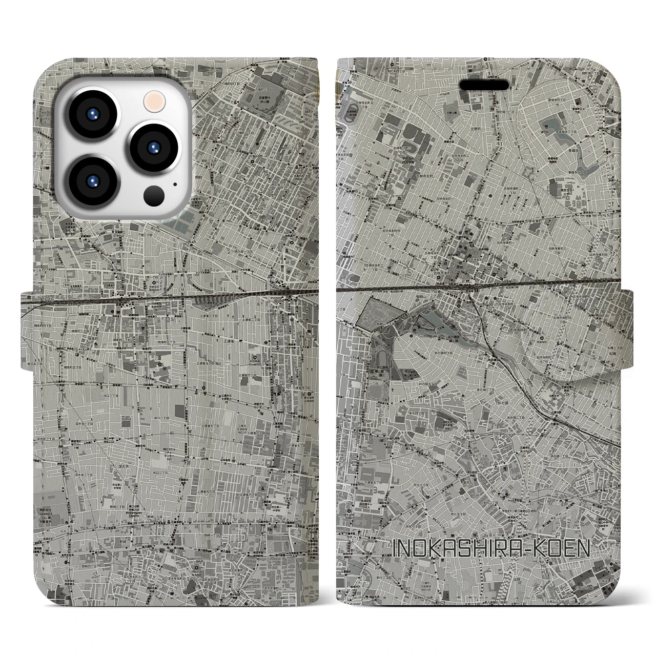 【井の頭公園(東京都)】地図柄iPhoneケース(手帳タイプ)モノトーン・iPhone 13 Pro 用