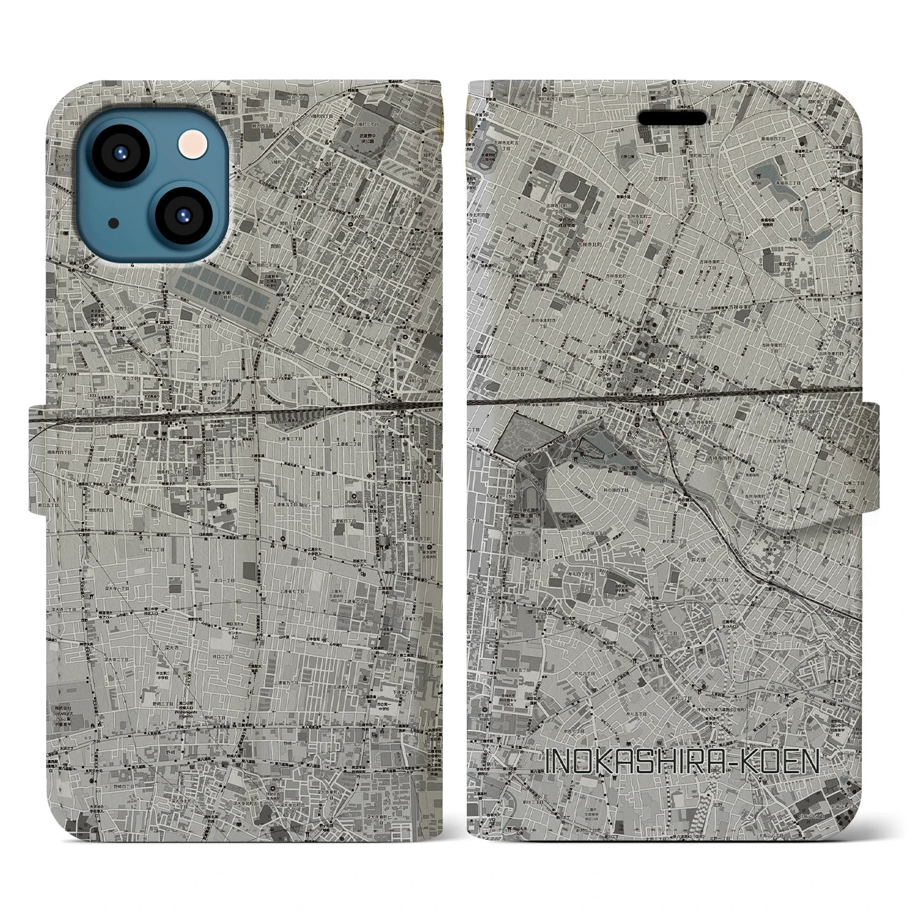 【井の頭公園(東京都)】地図柄iPhoneケース(手帳タイプ)モノトーン・iPhone 13 用