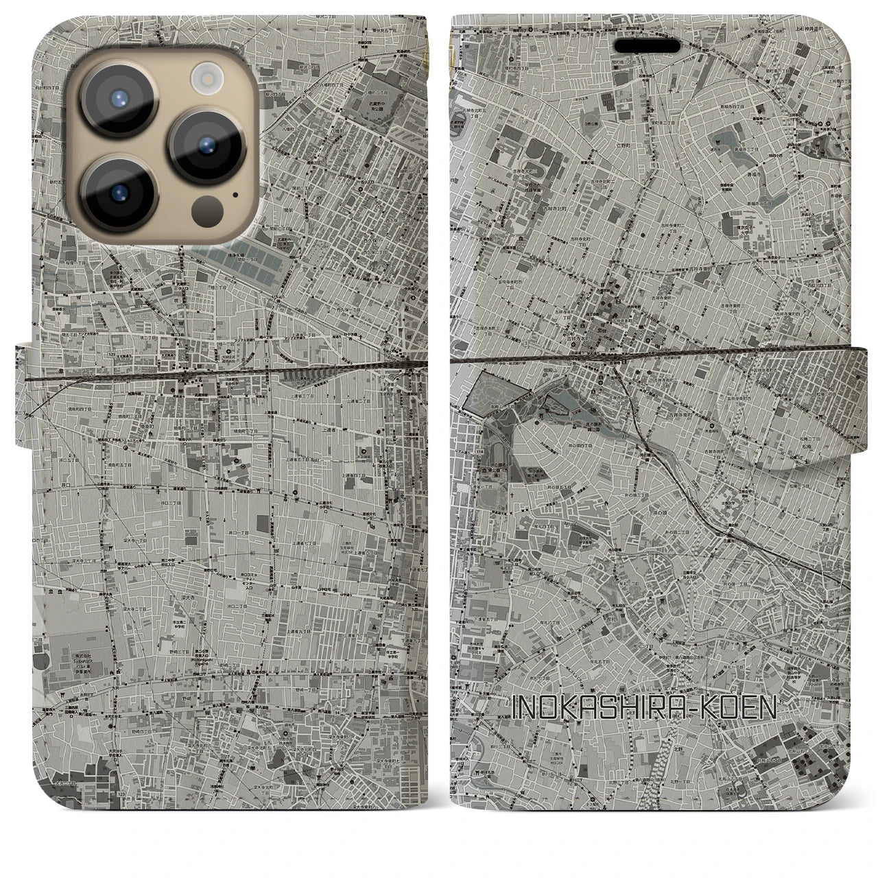 【井の頭公園(東京都)】地図柄iPhoneケース(手帳タイプ)モノトーン・iPhone 14 Pro Max 用
