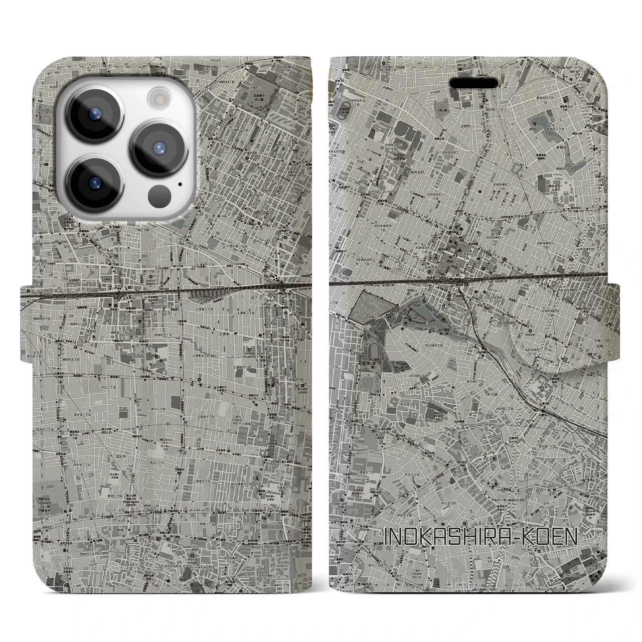 【井の頭公園(東京都)】地図柄iPhoneケース(手帳タイプ)モノトーン・iPhone 14 Pro 用