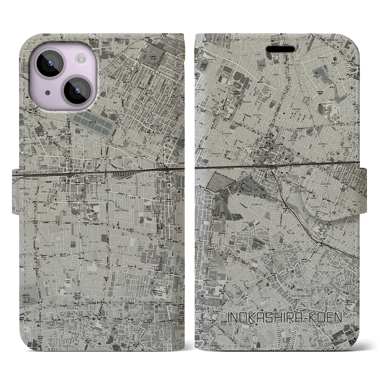 【井の頭公園(東京都)】地図柄iPhoneケース(手帳タイプ)モノトーン・iPhone 14 用