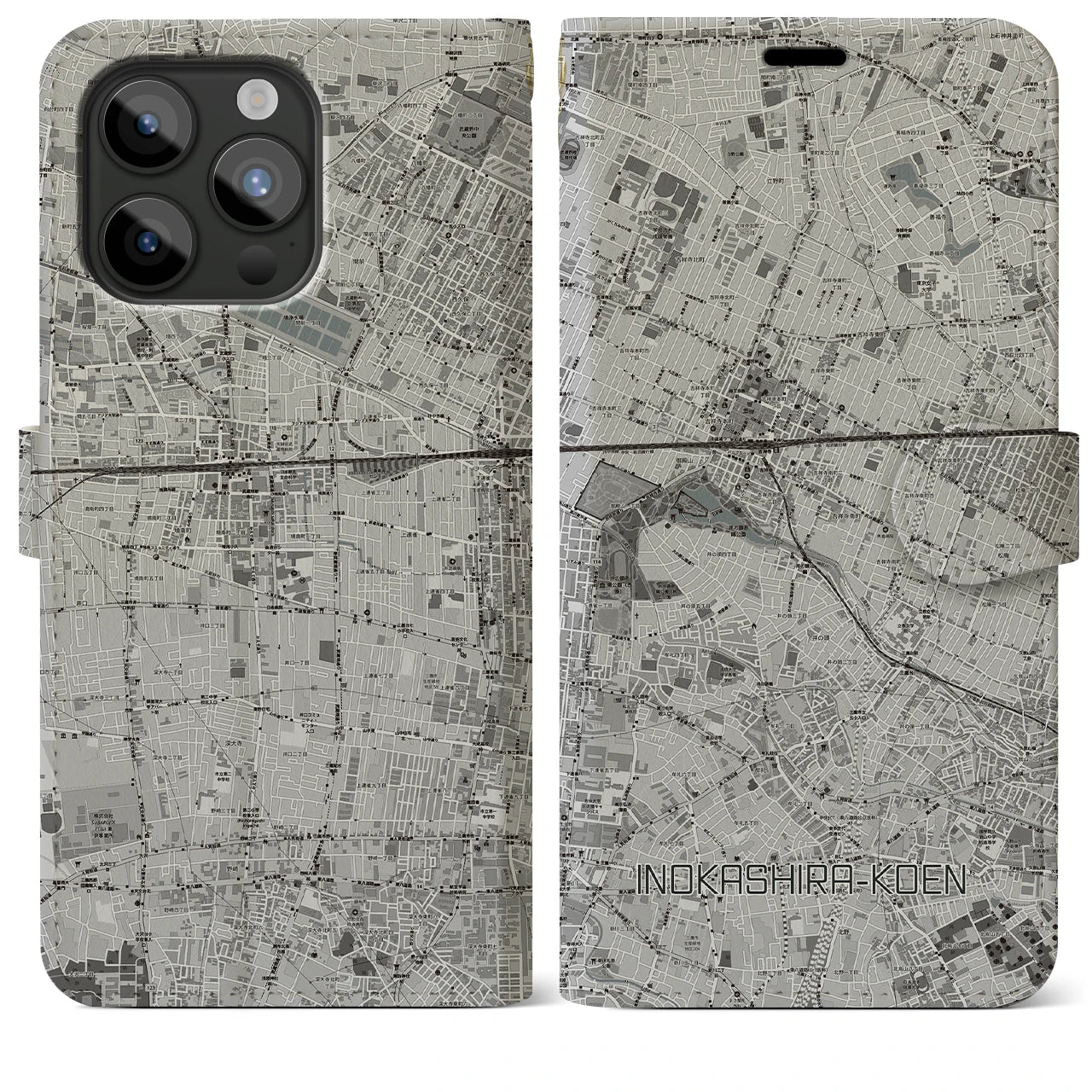 【井の頭公園(東京都)】地図柄iPhoneケース(手帳タイプ)モノトーン・iPhone 15 Pro Max 用