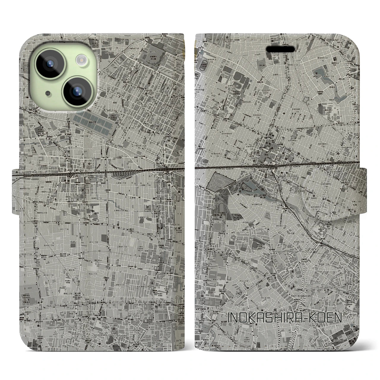 【井の頭公園(東京都)】地図柄iPhoneケース(手帳タイプ)モノトーン・iPhone 15 用