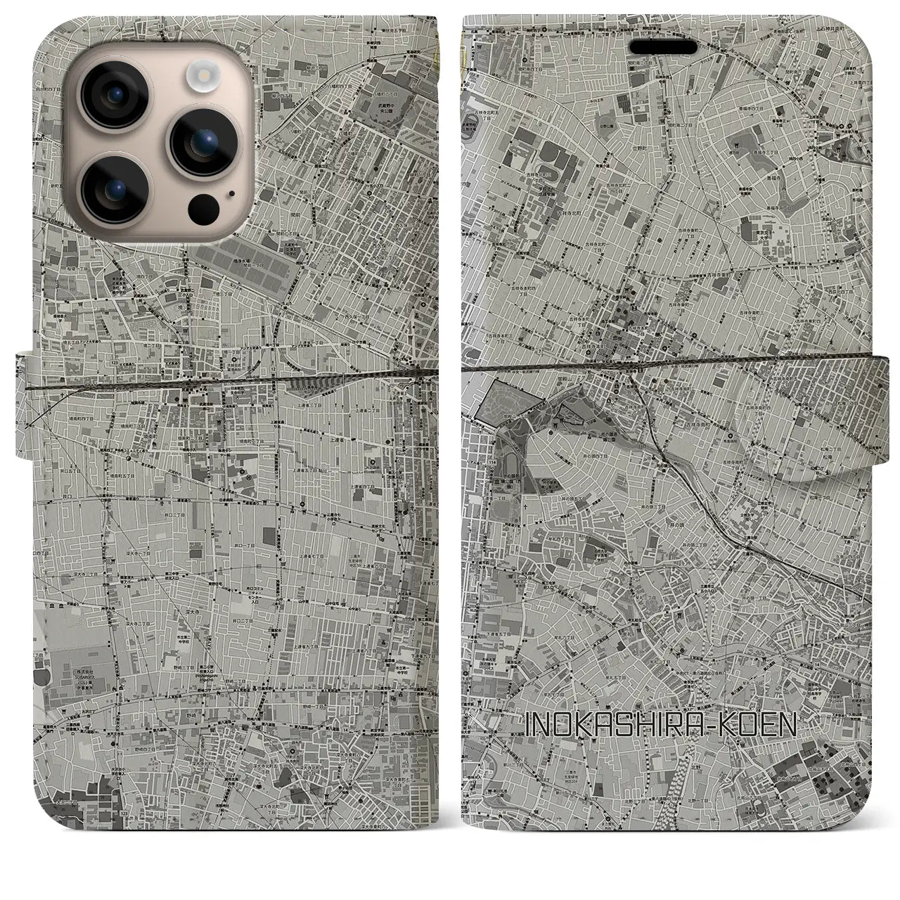 【井の頭公園(東京都)】地図柄iPhoneケース(手帳タイプ)モノトーン・iPhone 16 Plus 用