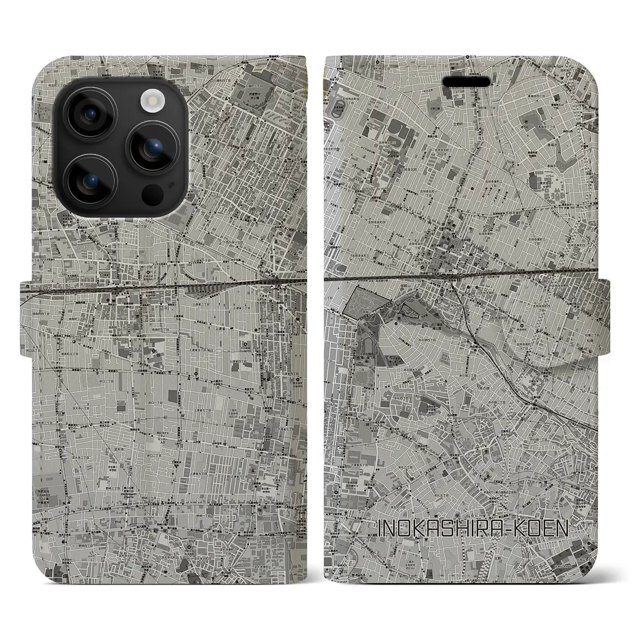 【井の頭公園(東京都)】地図柄iPhoneケース(手帳タイプ)モノトーン・iPhone 16 用
