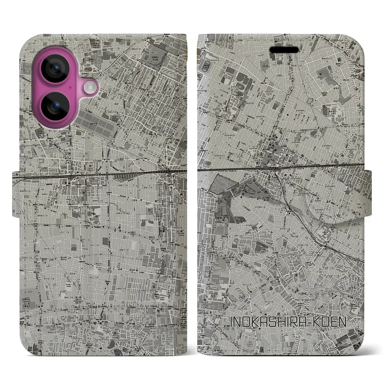 【井の頭公園(東京都)】地図柄iPhoneケース(手帳タイプ)モノトーン・iPhone 16 Pro 用