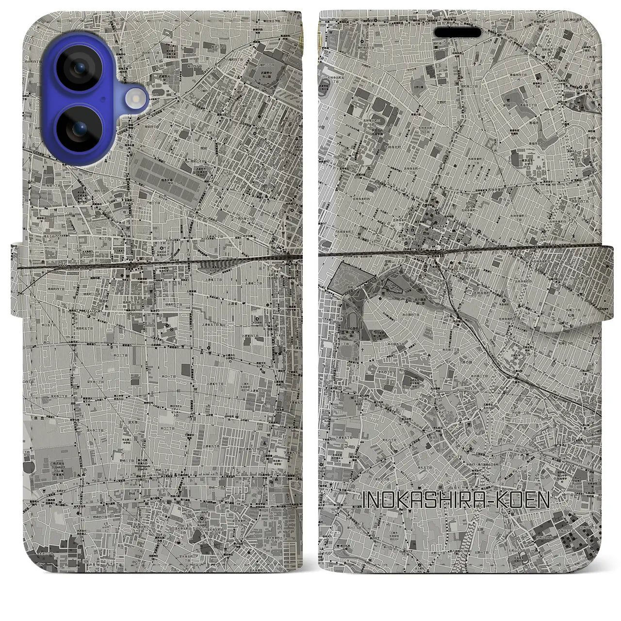 【井の頭公園(東京都)】地図柄iPhoneケース(手帳タイプ)モノトーン・iPhone 16 Pro Max 用