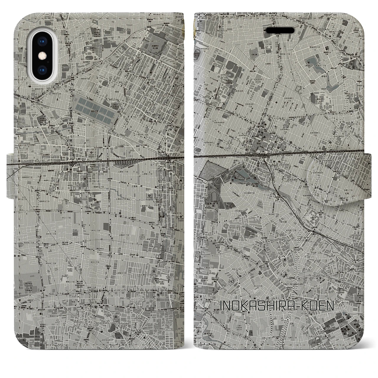 【井の頭公園(東京都)】地図柄iPhoneケース(手帳タイプ)モノトーン・iPhone XS Max 用