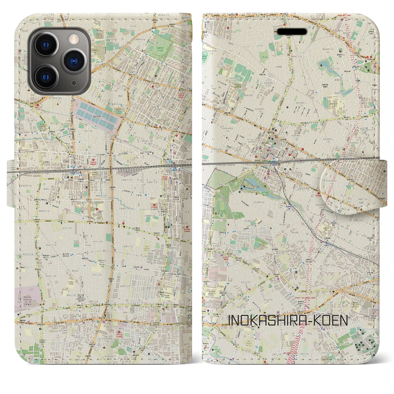 【井の頭公園(東京都)】地図柄iPhoneケース(手帳タイプ)ナチュラル・iPhone 11 Pro Max 用