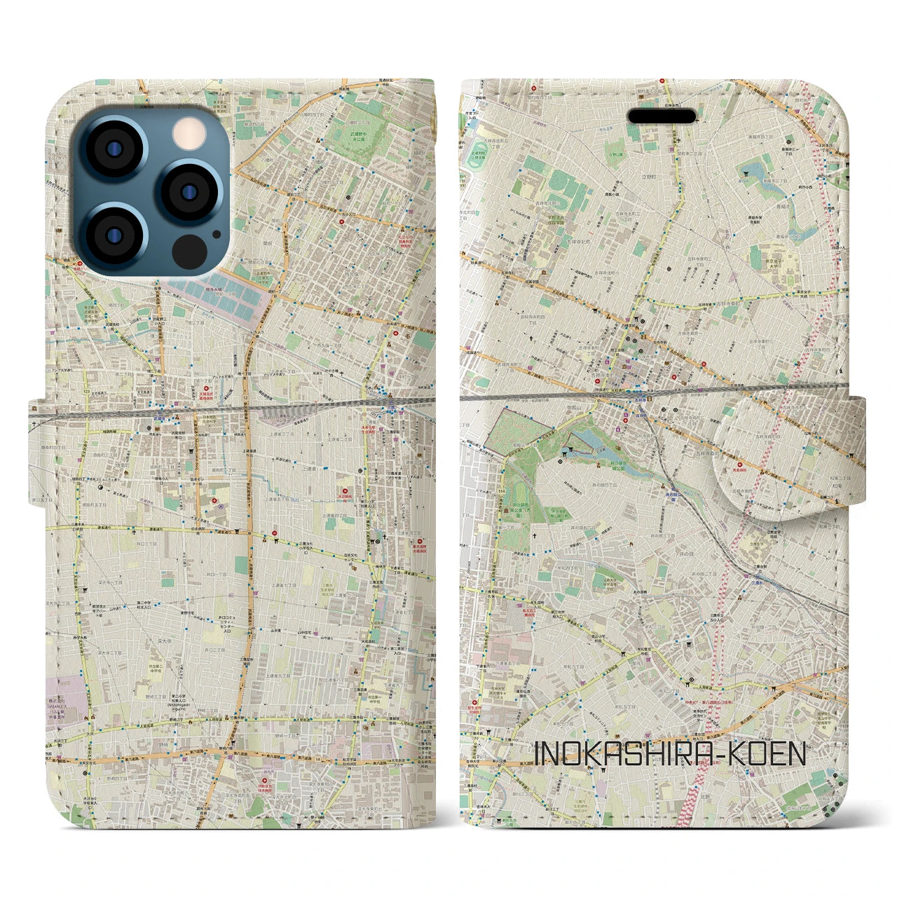 【井の頭公園(東京都)】地図柄iPhoneケース(手帳タイプ)ナチュラル・iPhone 12 / 12 Pro 用