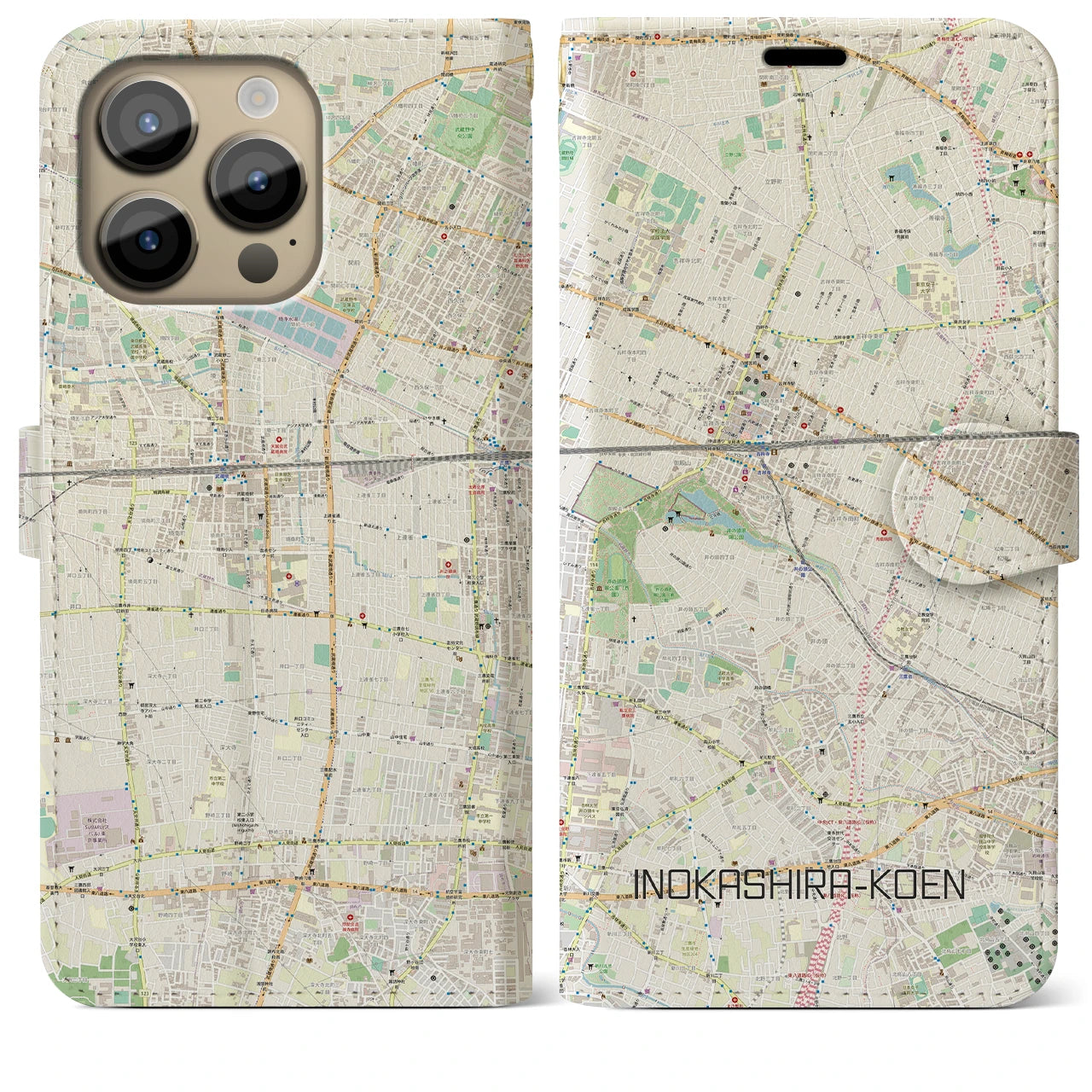 【井の頭公園(東京都)】地図柄iPhoneケース(手帳タイプ)ナチュラル・iPhone 14 Pro Max 用