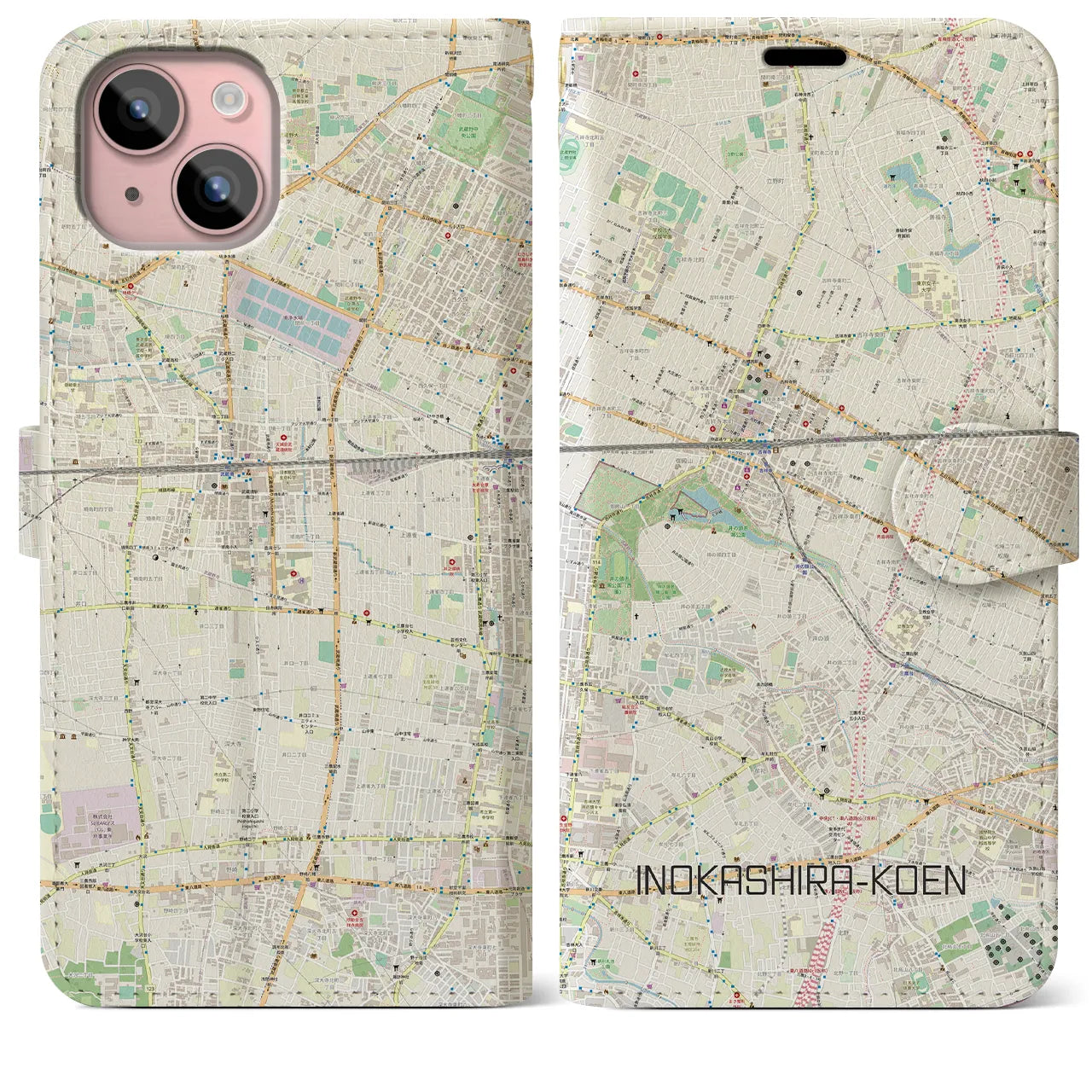 【井の頭公園(東京都)】地図柄iPhoneケース(手帳タイプ)ナチュラル・iPhone 15 Plus 用
